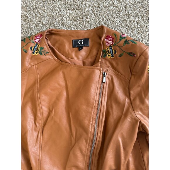 G by Giuliana Asym Zipper Embroidered Faux Leather MOTO Jacket CONAC Sz Large ep - Picture 9 of 11